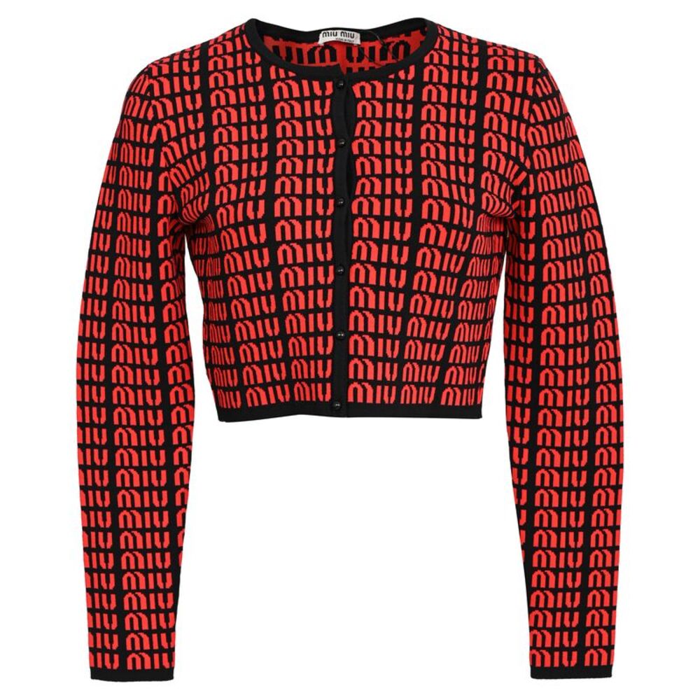 Miu Miu Logo All Over Cropped Cardigan in Red and Black Rayon
